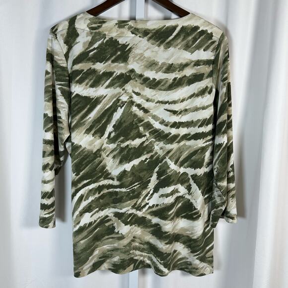 Chico's Easywear Green Beige Abstract Tunic Top L Slinky Business Casual Office‎ - Picture 5 of 7